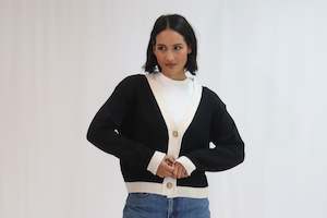 Knitwear: Contrast Cardi - Black/Sand