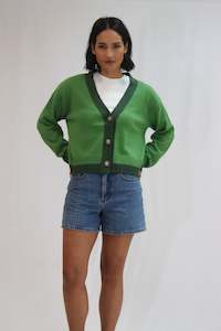 Knitwear: Contrast Cardi - Herb/Forest