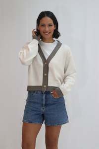 Knitwear: Contrast Cardi - Sand/Mocha