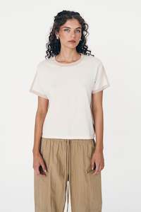 Tops: Rania Contrast Knit Tee - Oat Milk