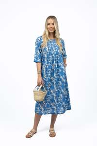 Dresses: Fleur Ziggy Dress - Blue/Stone
