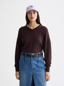 Knitwear: V Neck Relaxed Pullover - Plum
