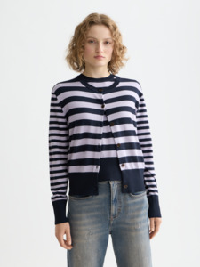 Knitwear: Crew Neck Relaxed Cardigan - Sky Captain/ Lavender