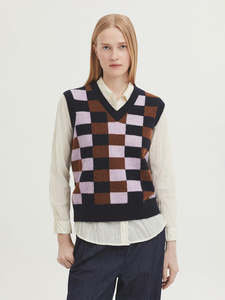 Knitwear: Checkered Front Vest - Navy