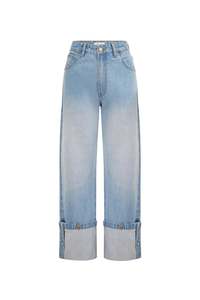 Denim: Walter Cuffed Straight Jeans - Faded Blue