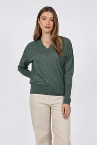 Knitwear: Alto Merino Wide V Neck - Forest