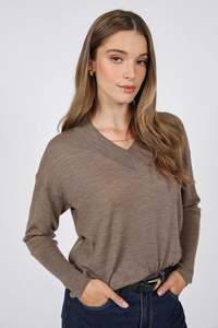 Knitwear: Alto Merino Wide V Neck - Mushroom