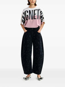 Denim: Black Floral Print Barrel Leg Cropped Jeans